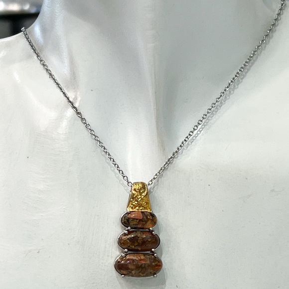 Matrix Fire Opal Trilogy Copper with Magnet Pendant 20” Necklace - Picture 2 of 11